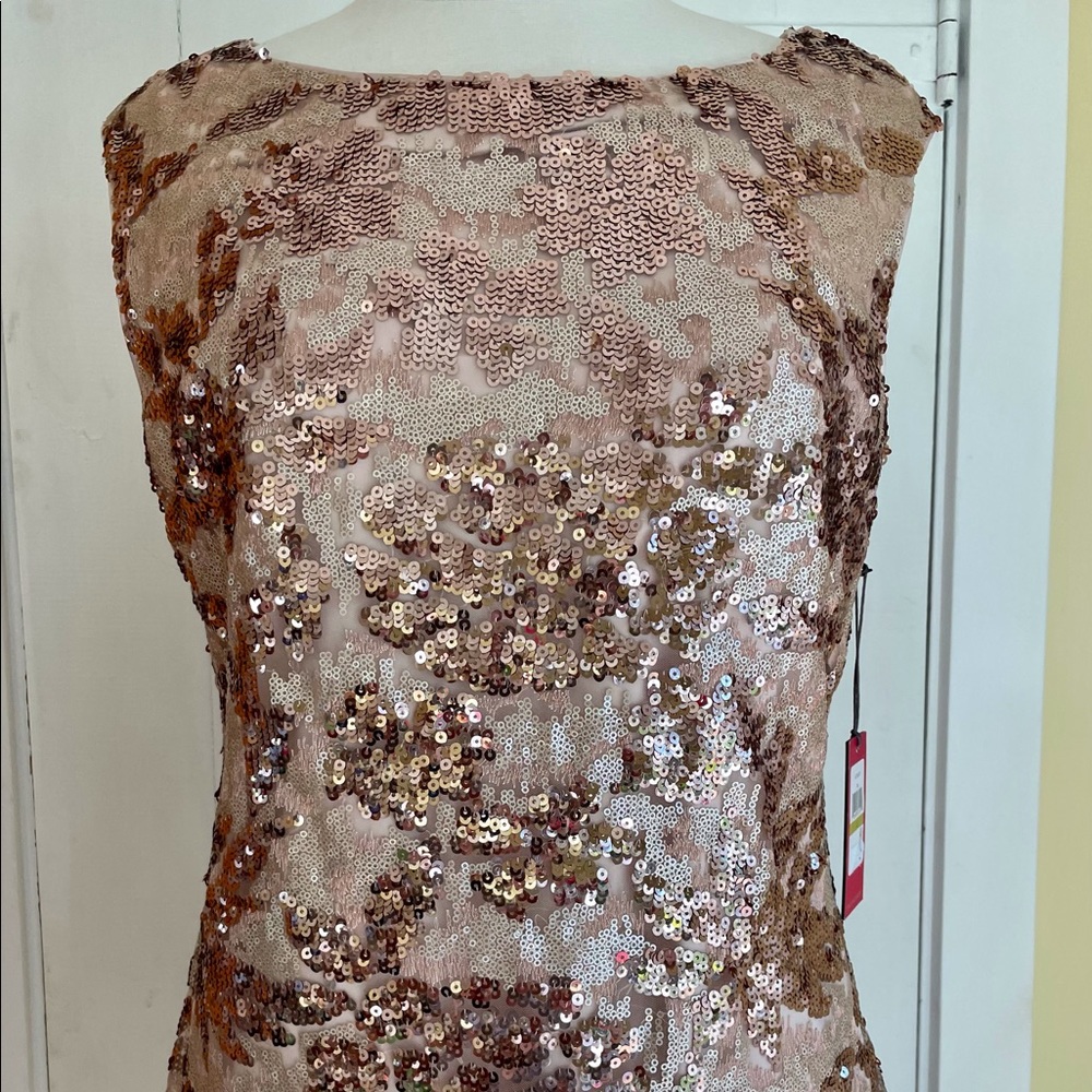 NWT Vince Camuto Sequin Blush Rose Gold Metallic Sheath Dress 14
